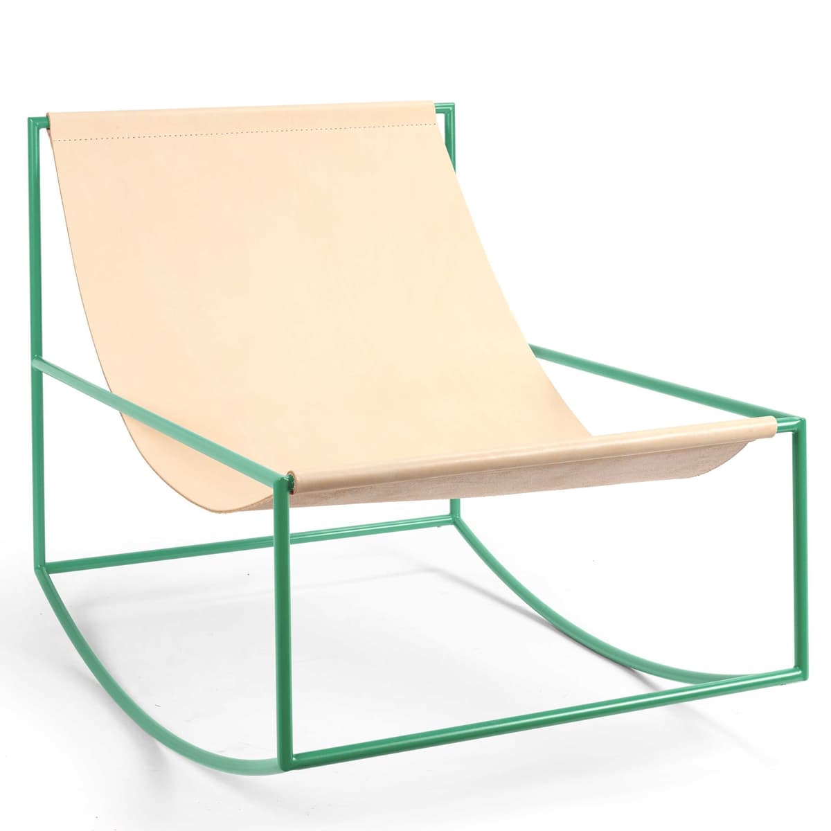 Valerie Objects Rocking Chair Schommelstoel Leer Onderstel Groen Staal