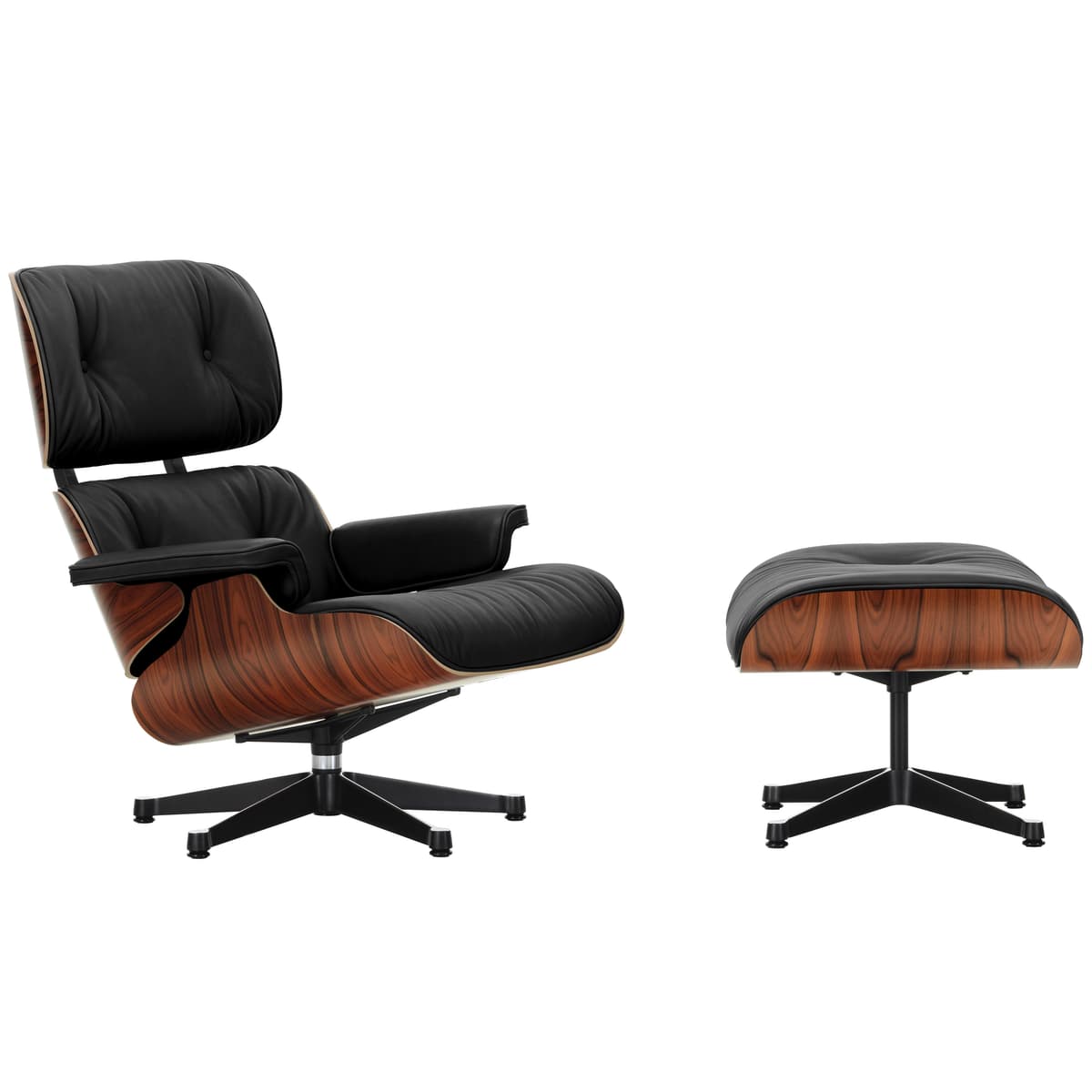 Vitra Eames Lounge Chair En Ottoman Santos Palisander (nieuwe Afmeting) Zwart Gepolijst Onderstel/zitting Premium Leer Zwart - afbeelding 1