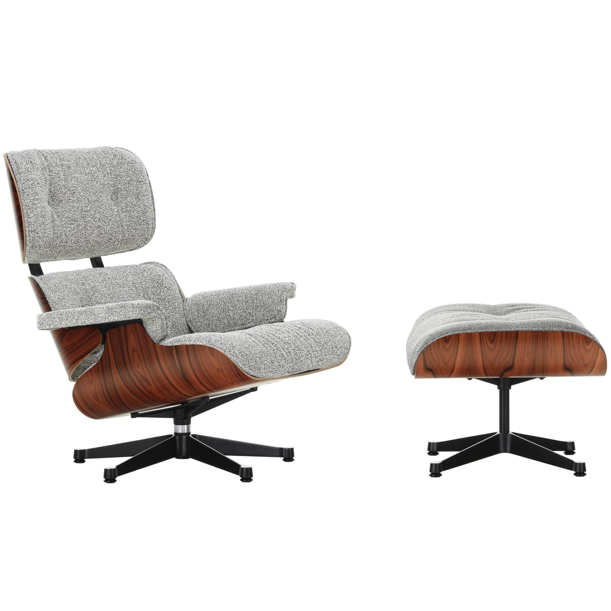 Vitra Eames Lounge Chair En Ottoman Santos Palisander (nieuwe Afmeting) Zwart Gepolijst Onderstel/zitting Nubia Salt'n Pepper - afbeelding 1