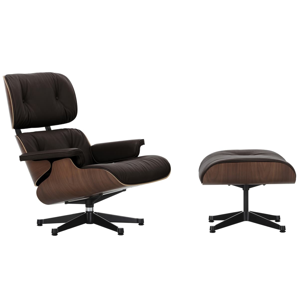 Vitra Eames Lounge Chair En Ottoman Walnoot Donker (nieuwe Afmeting) Zwart Gepolijst Onderstel/zitting Natural Leer Chocolate - afbeelding 1