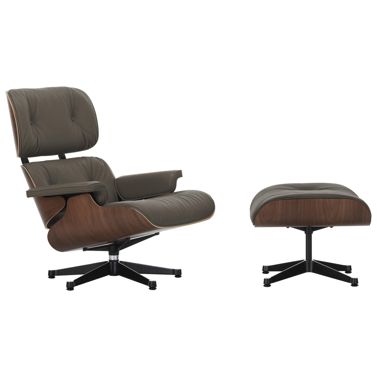 Vitra Eames Lounge Chair En Ottoman Walnoot Donker (nieuwe Afmeting) Zwart Gepolijst Onderstel/zitting Premium Leer Grijs - afbeelding 1