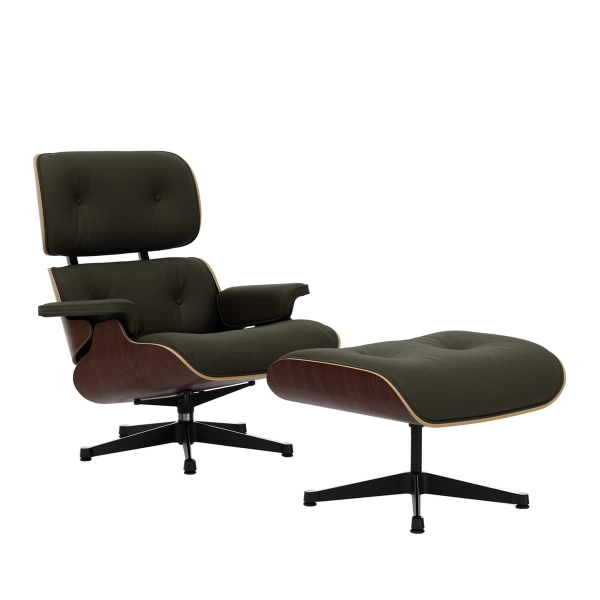 Vitra Eames Lounge Chair En Ottoman Walnoot Donker (nieuwe Afmeting) Zwart Gepolijst Onderstel/zitting Premium Leer Khaki - afbeelding 1